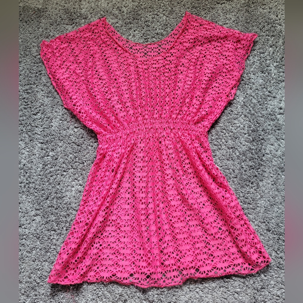 Bright Pink Crochet Swimsuit Cover-Up Size Small